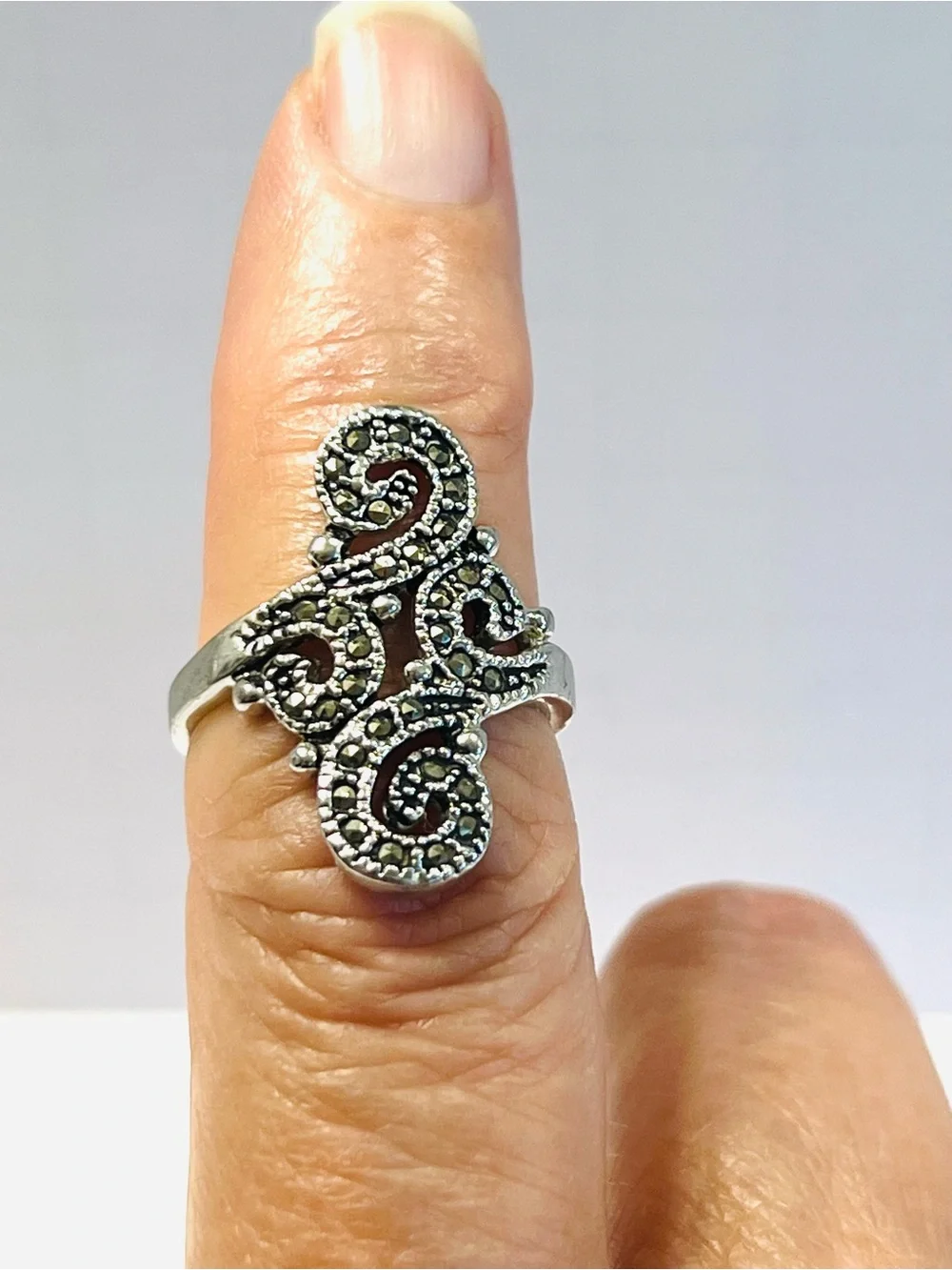 Intricate Scroll Marcasite Silver-Tone Ring - Silver